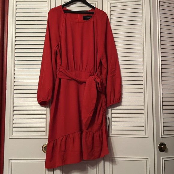 Donna Morgan Women's Long Sleeve Asymmetrical Hem Flounce Dress w/tie fluttering - Picture 3 of 10